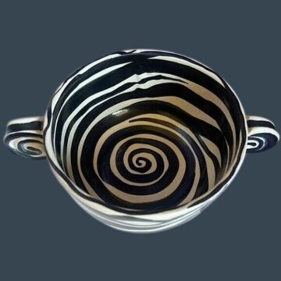 Two Zebra Swirl Studio Art Bowls Spiral Handles 5" x 3" Boho Chic Black White - Picture 3 of 12